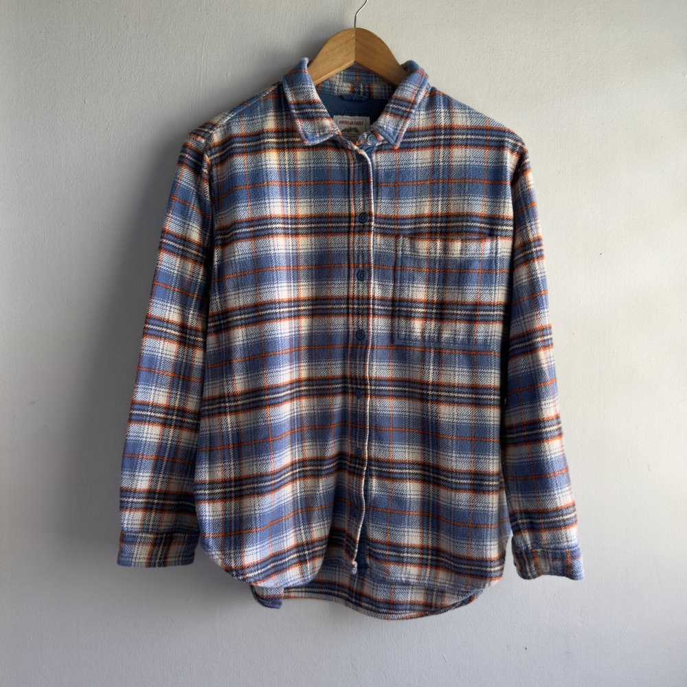 American Eagle Plaid Flannel Shirt Mens Small Blue Orange Gorpcore Grunge